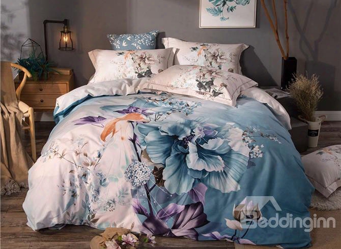 Blue Flowers Blooming Pattern Brushed Cotton 4-piece Bedding Sets/duvet Coveer