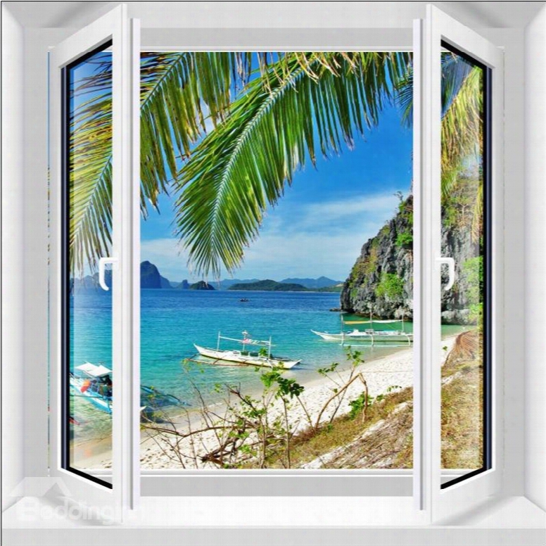 Blue Sea And Sky Surrounded By Mountains And Trees 3d Window Wall Stickers