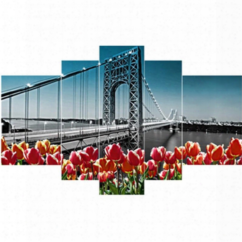 Bridge And Tulips Pattern Hanging 5-piece Canvas Eco-friendly And Waterproof Non-framed Prints
