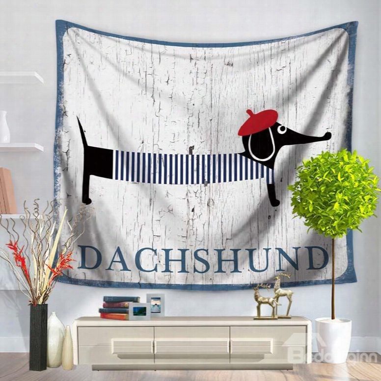 Cartoon Dachshund Dog With Red Chic Beret Pattern Decorative Anging Wall Tapestry