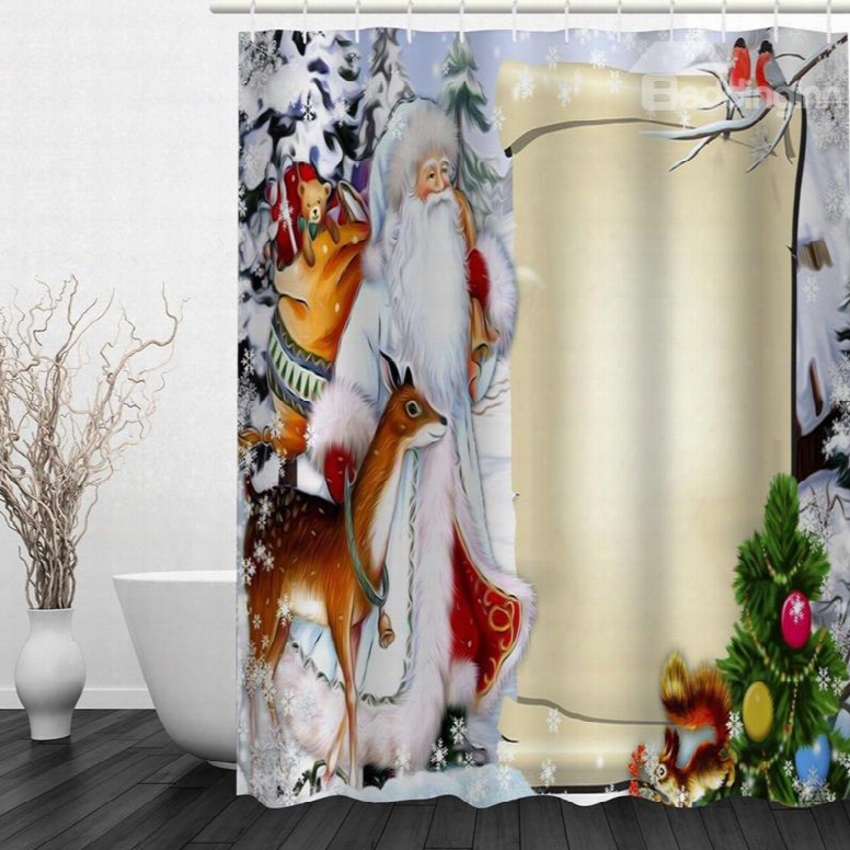 Cartoon Santa And Animals Printing Christmas Theme Bathroom 3d Shower Curtain