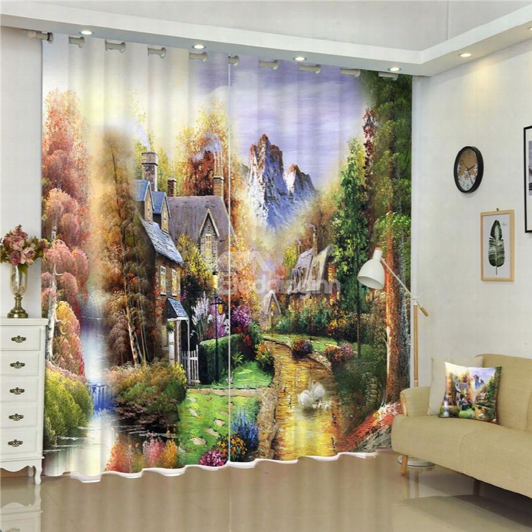 Castles In High Mountains Dreamlike Color Scenery 2 Pieces Bed Room Shading Curtain