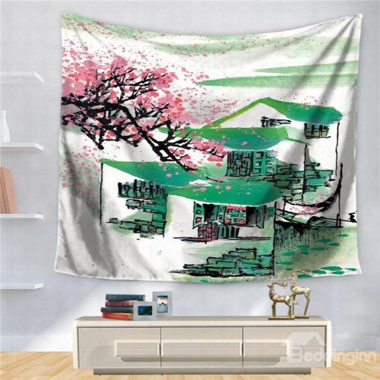 Chinsee Jiangnan Watertown Green Roof Pink Sakura Pattern Decorative Hanging Wall Tapestry