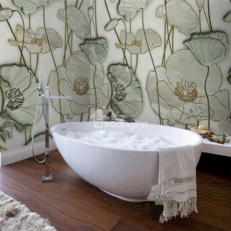 Classic Simple Style Lotus Leaves Pattern Waterproof 3d Bathroom Wall Murals