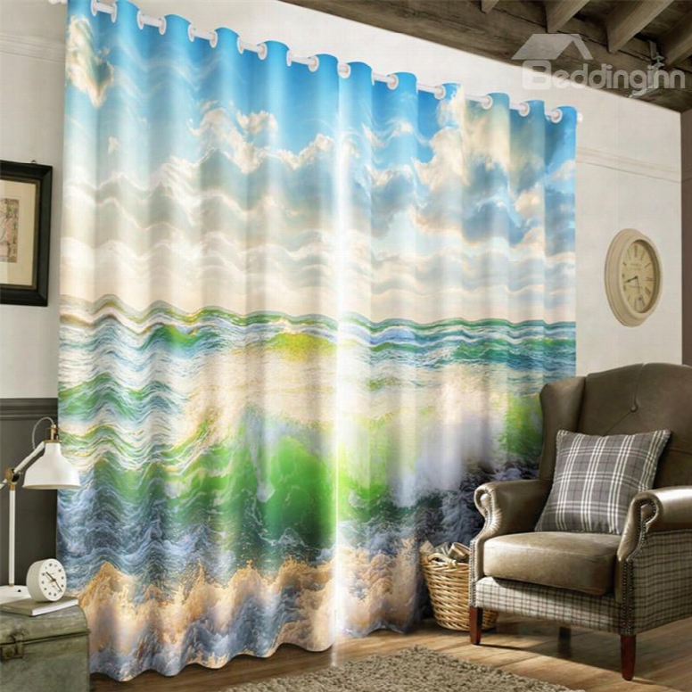 Clean Seas And Blue Sky Printed Misty Polyester Natural Beauty Grommet Top Curtain