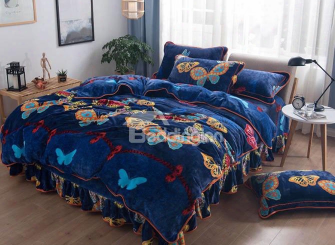 Colorful Butterflies Printed Navy Blue Super Soft 4-piece Bedding Sets/duvet Cover