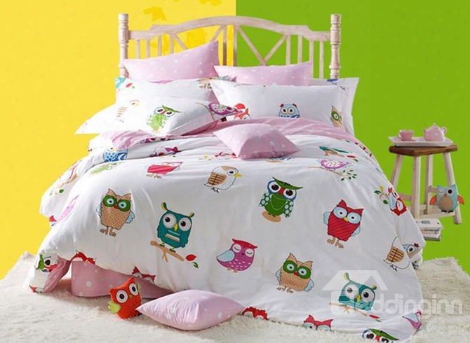 Cute O Wl Print White 4-piece Cotton Duvet Cover Sets