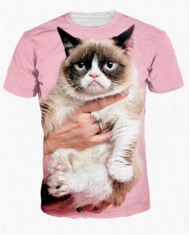 Cute Round Neck Cat Pattern Pink 3d Painted T-shirt