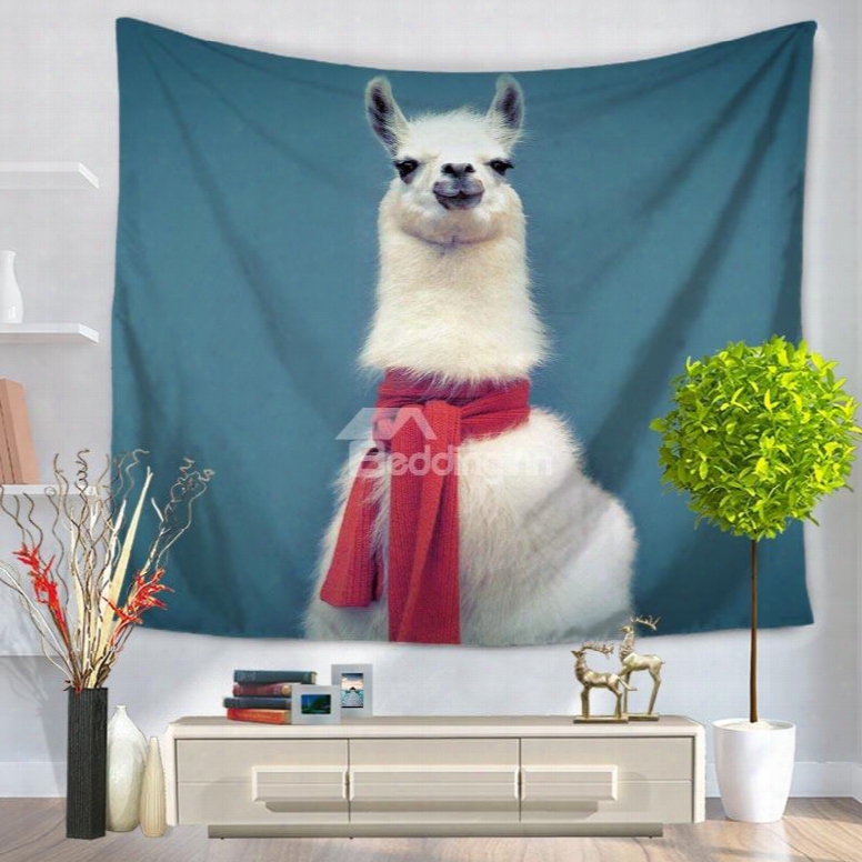 Cute White Alpaca With Red Scarf Pattern Blue Decorative Hanging Wall Tapestry