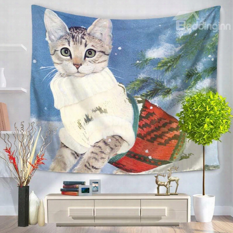 Cute White Cat And Basket Pattern Decorative Hanging Wall Tapestry