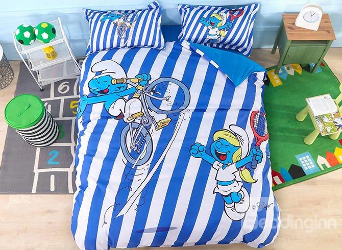 Cyclist Smurf Blue And White Striped 4-piece Bedding Sets/duvet Covers