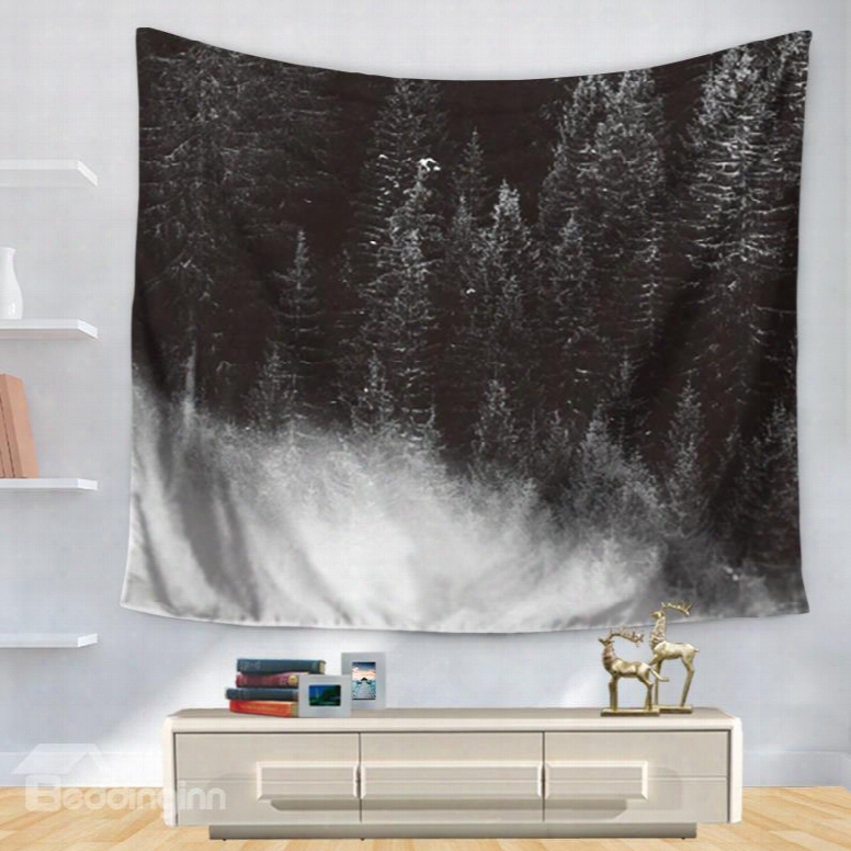Dark Background Snowy Forest Pine Trees Pattern Decorative Hanging Wall Tapestry