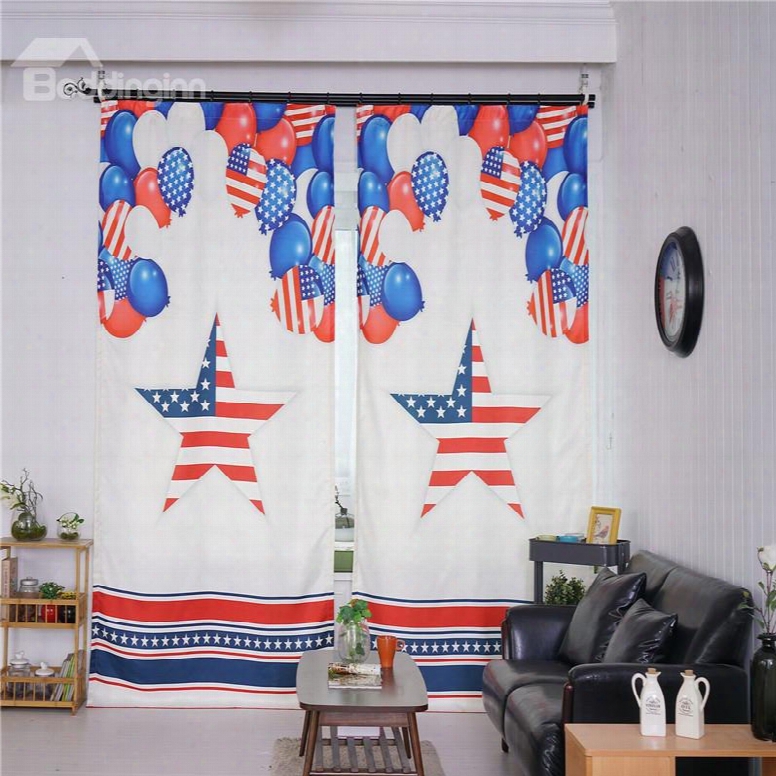 Decoration Polyester Balloons And Stars Upon American Flag Modern Style 2 Panels Curtian