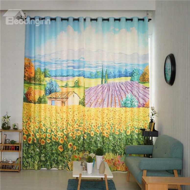 Decorative Polyester Digital Printing Yellow Cole Flowers And Pink Lavenders 2 Panels Curtain