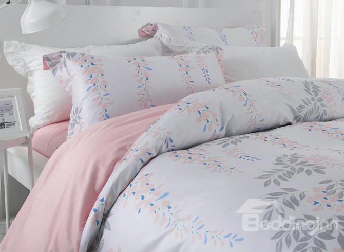 Designer 60s Brocade Leaves Strings And Pink Flowers 4-piece Cotton Bedding Sets