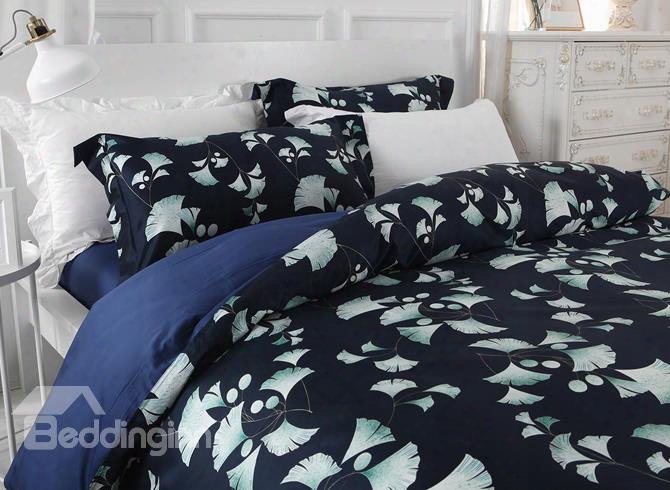 Designer 60s Brocade Silver Ginkgo Leaves Pattern Ark Blue 4-piece Cotton Bedding Sets