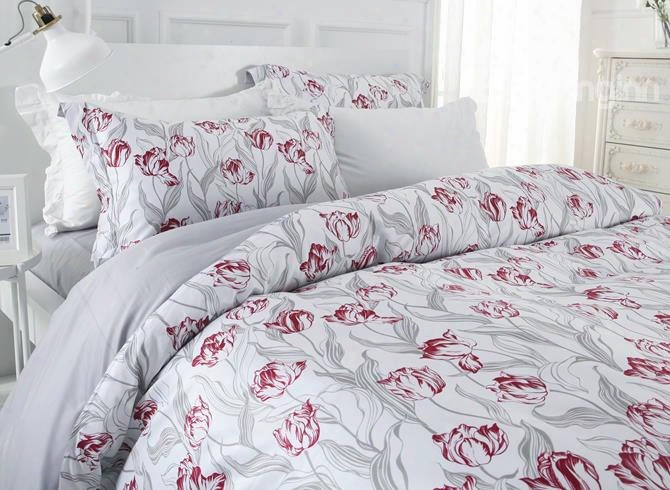 Designer 60s Brocade Wine Red Flowers Blossom Grey Leaves 4-piece Cotton Bedding Sets