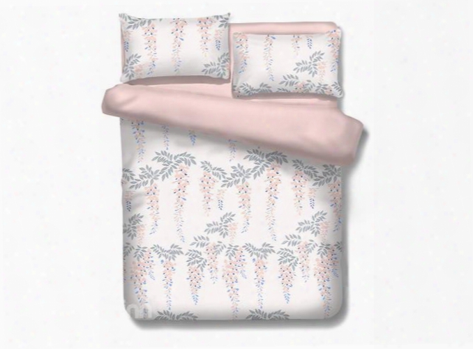 Designer Pink Strings Of Gray Leaves Printed Polyester 4-piece Bedding Sets/duvet Cover