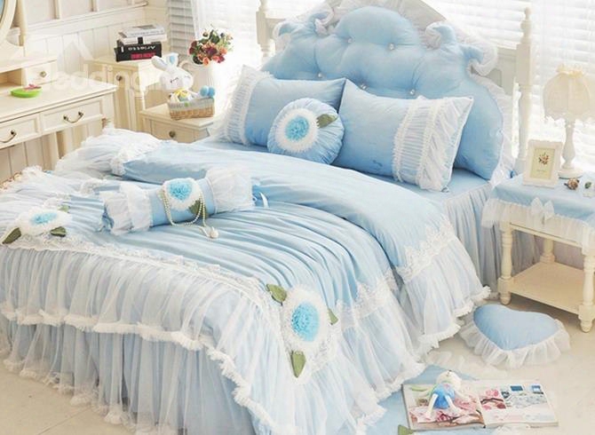 Elegant Lace Edging Princess Style Blue 4-piece Bedding Sets/duvet Cover