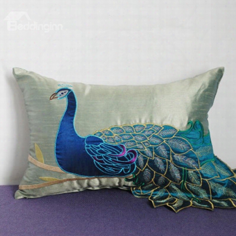 Exquisite Peacock Embroidery Pp Cotton Throw Pillow