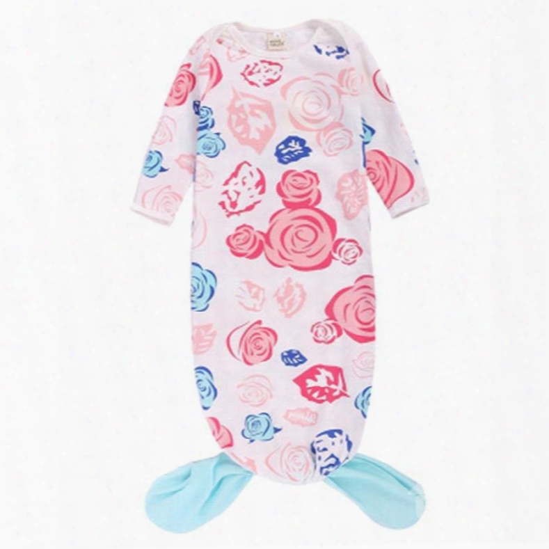 Fishtail Decoration Roses Printed Cotton 1-piece White Baby Sleeping Bag