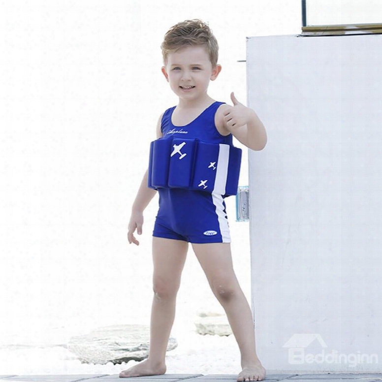 Float Plane Printed Polyester And Chinlon Fabrics Blue Boys One Piece Swimsuit