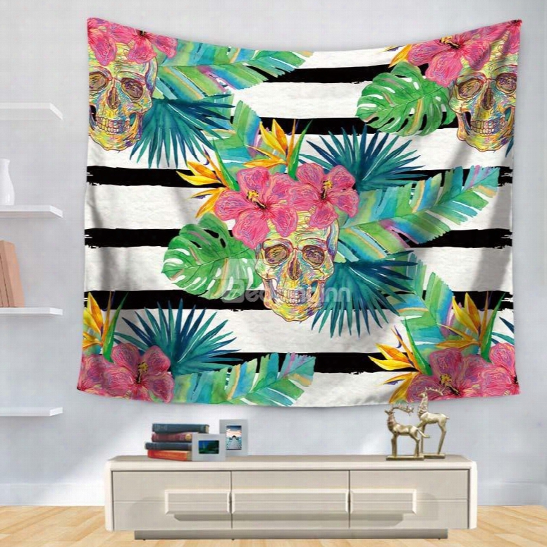 Floral Style With Black And Of A ~ Color Stripes Skull Pattern Decorative Hanging Wall Tapestry