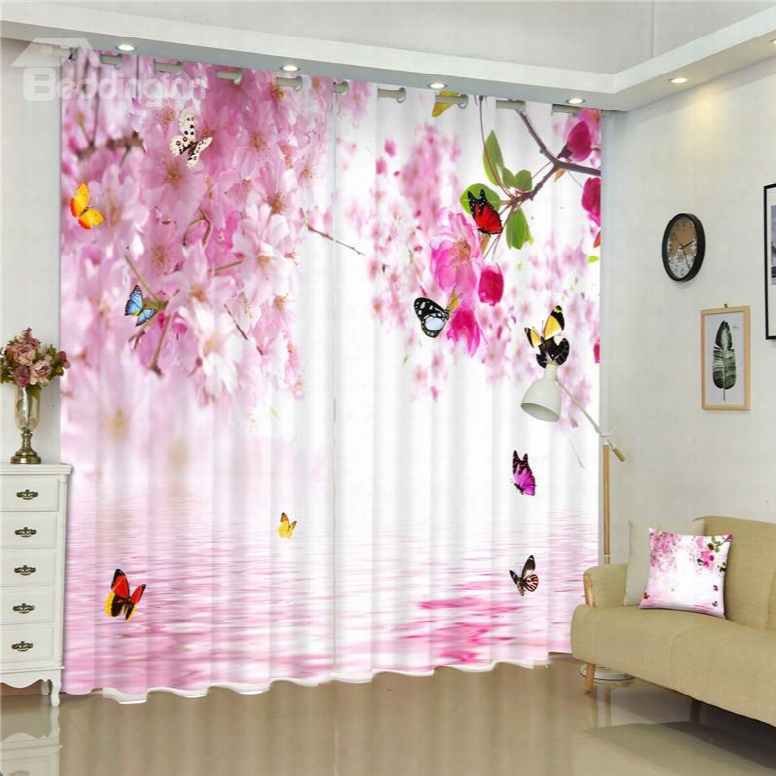 Flying Butterflies And Pink Peach Flowers Sweet Style Living Room And Bed Room 3d Curtain