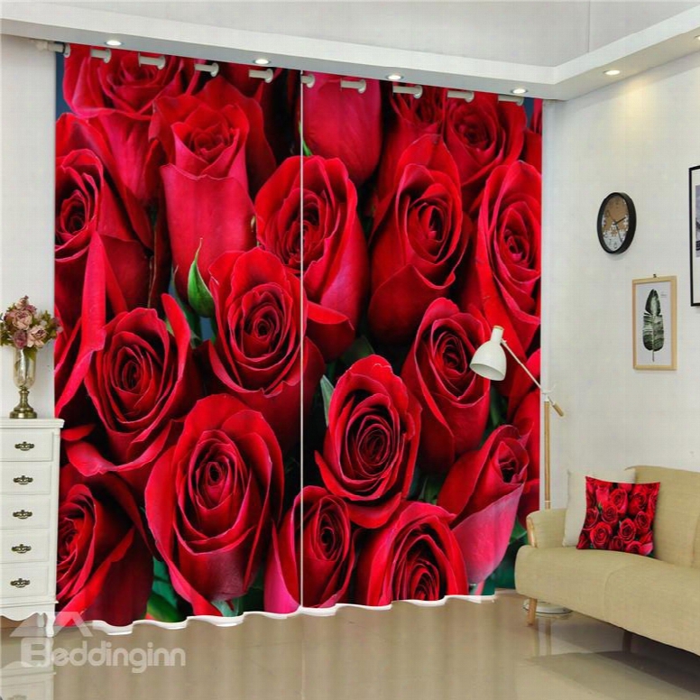 Fresh Red Roses Printed Modern And Romantic Style 2 Pieces Bedroom Curtain