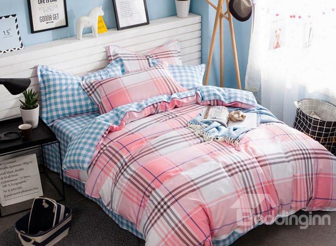 Full Size Fresh Plaid Pattern Simple Style Cotton 4-piece Bedding Sets/duvet Cover