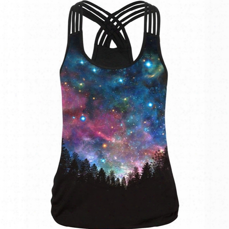 Galaxy Night Forest Mystery 3d Pattern Round Neck Sleeveless Tank Top