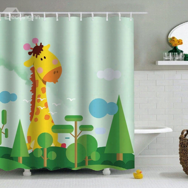 Giraffe Green Plants Peva Waterproof Durable Antibacterial Eco-friendly Shower Curtain