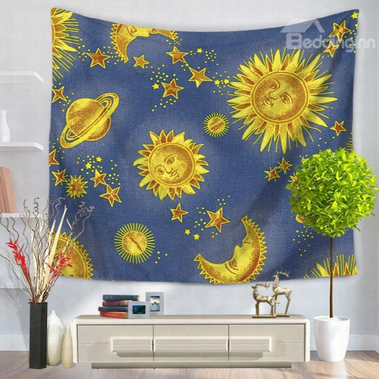 Golden Celestial Sun And Moon Galaxy Space Decorative Hanging Wall Tapestry