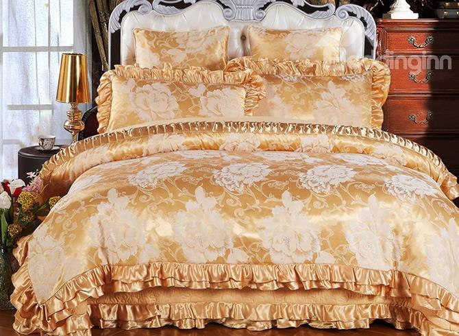 Golden Flowers Printed Royal Style 6-piece Cotton Sateen Bedding Sets/duvet Cover