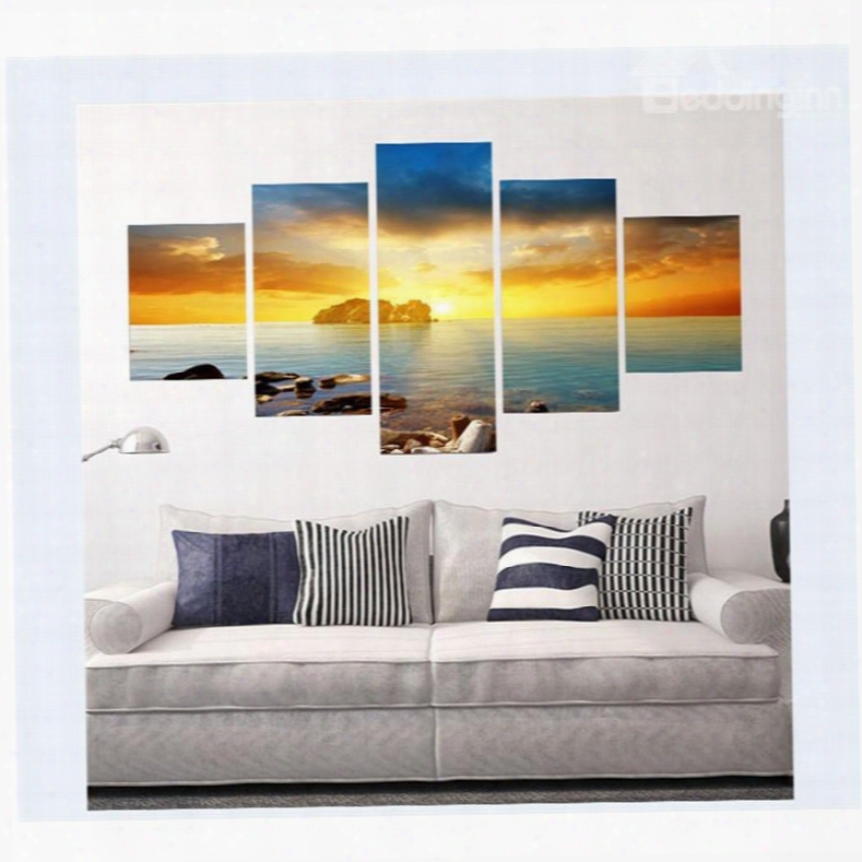 Golden Sun Shining Sea Hanging 5-piece Canvas Eco-friendly And Waterproof Non-framed Prints