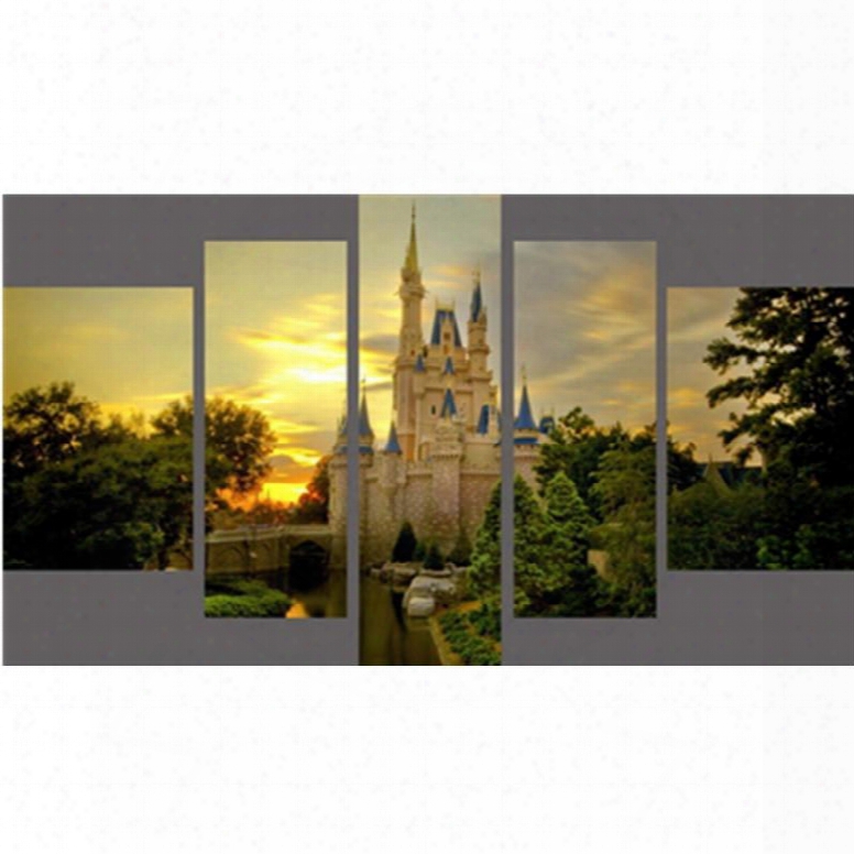 Green Trees Surrounding Castle Hanging 5-piece Canvas Eco-friendly And Waterproof Non-framed Prints