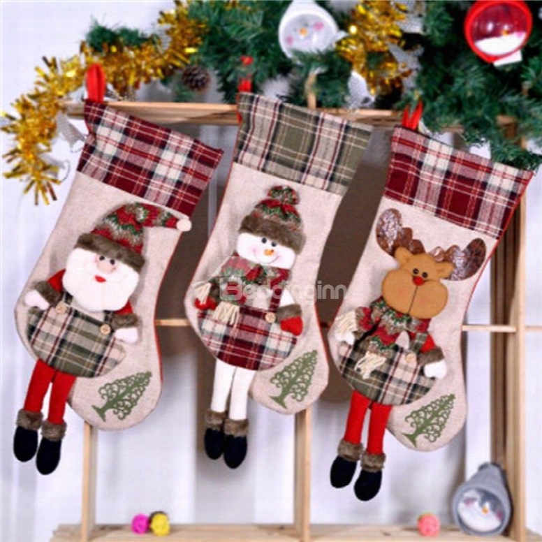 Grid Classic Non-woven Fabric And Wool Beige Christmas Stocking