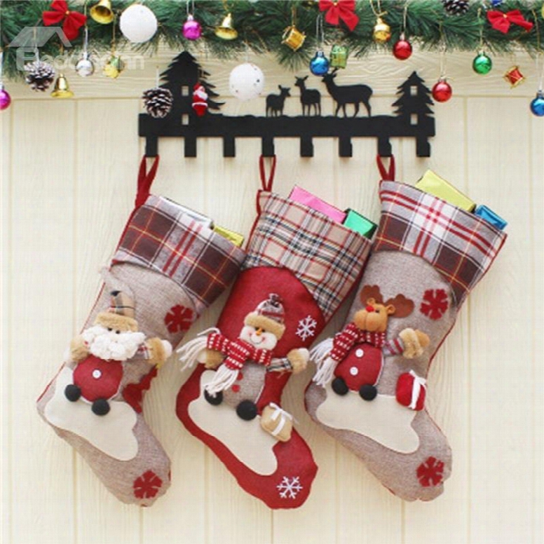 Grid Classic Non-woven Fabric And Wool Gray Christmas Stocking
