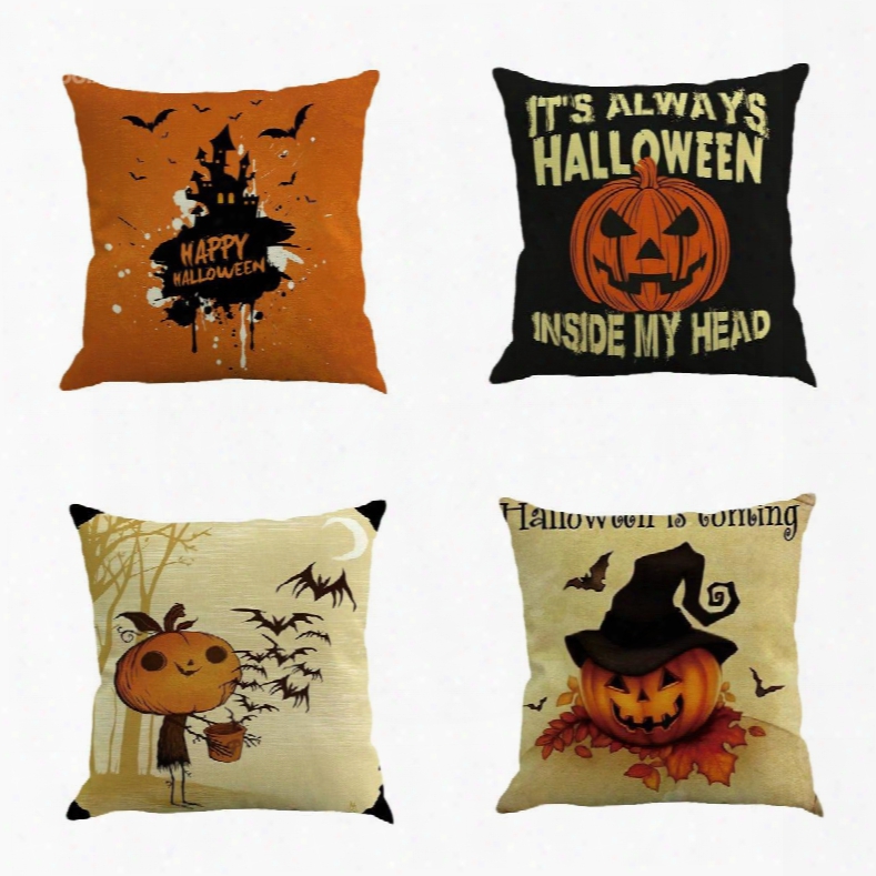 Halloween Pumpkin And Spider Pattrn Square Linen Decorative Throw Pillows