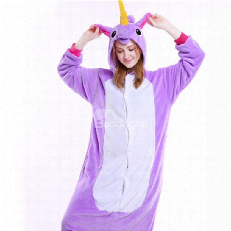 Halloweenn Purple Unicorn Flannel One-piece Stretchable Pajama Jumpsuit