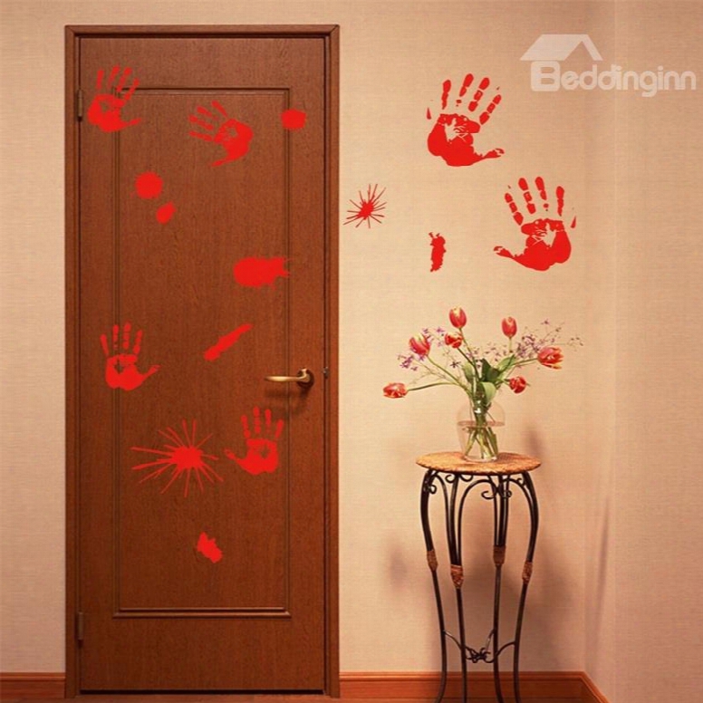 Halloween Red Handprints Printed Pvc Waetr-resistant Eco-friendly Removable Self-adhesive Wall Stickers