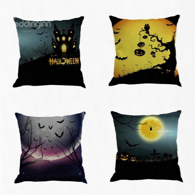 Happy Halloween Festival Pumpkin And Moon Pattern 18x18in Cotton Line Decorative Throw Pillow