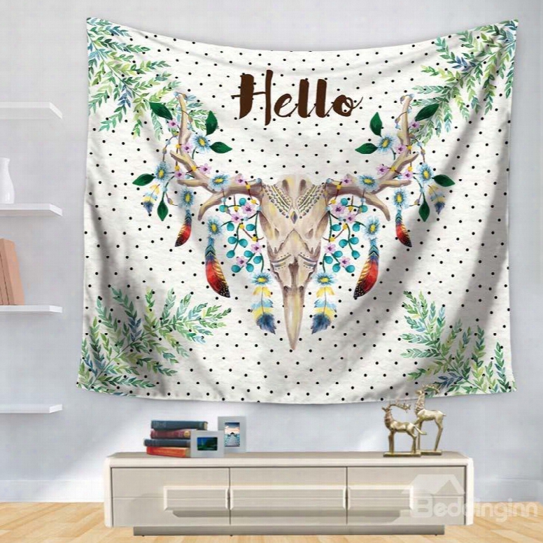 Helllo Deer Cranium Leaves With Little Black Dot Pattern Decorativee Hanging Wall Tapestry