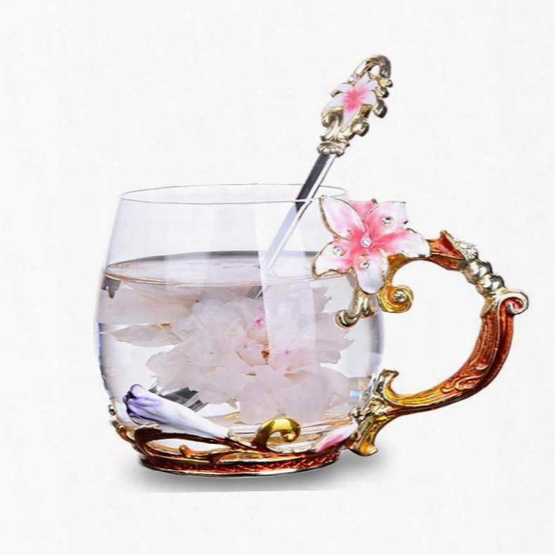 High Grade Enamel Clear Glass With Beautiful Flowers Birthday Gift Cup Sets