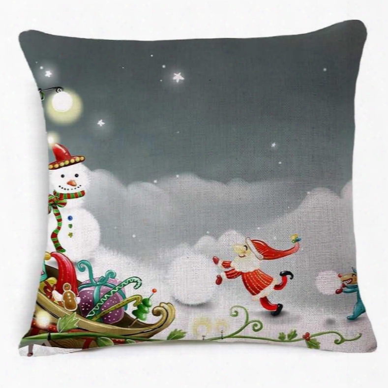 Joyful Santa Claus And Christmas Snowman Print Throw Pillow