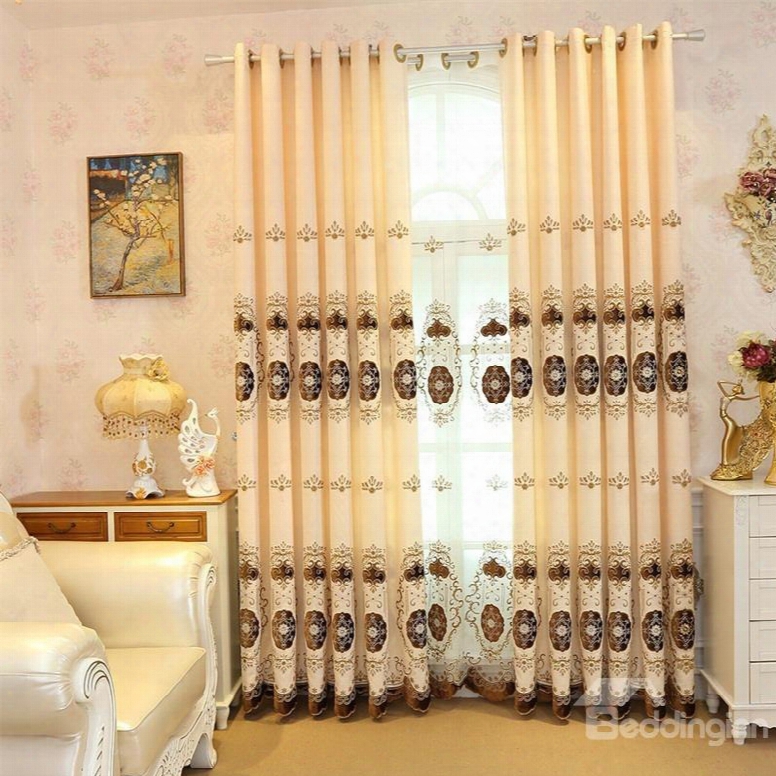 Light Yellow Color With Polka Dots Embroidered Flowers 2 Panels Decorative Curtain