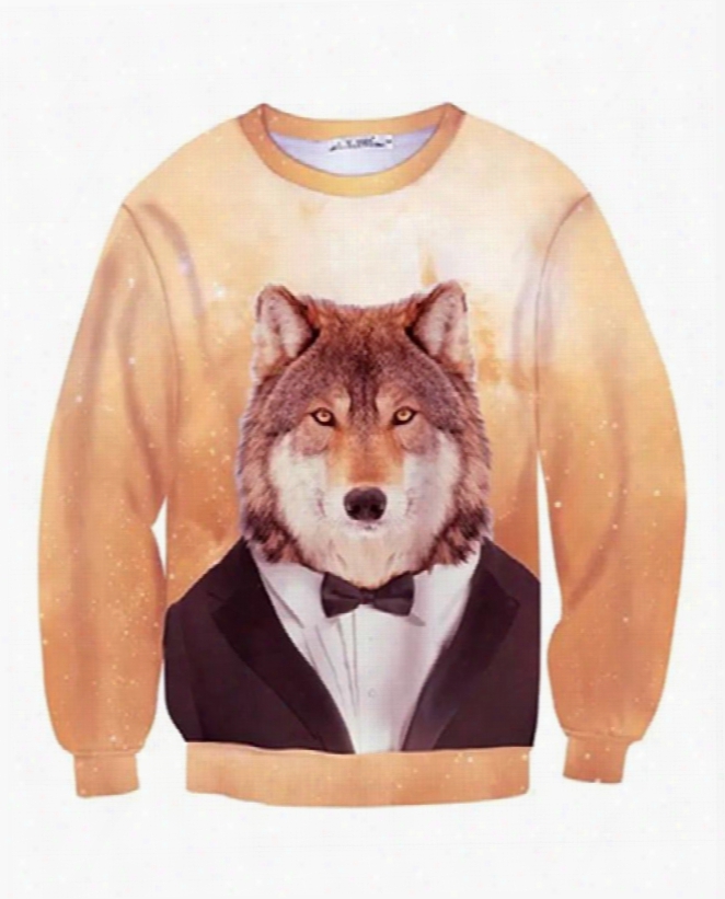 Long Sleeve Wolf In Cloth Pattern Inner Suede 3d Painted Hoodie