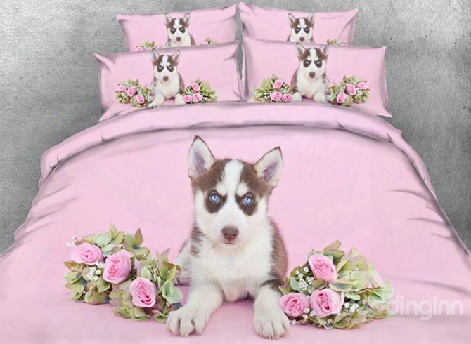 Lovely Husky And Rose Print Pink 5-piece Comforter Sets