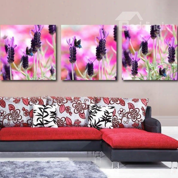 New Arriival Beautiful Dark Purple Lavenders Print 3-piece Cross Film Wall Art Prints