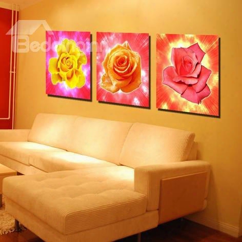 New Arrival Lovely Colorful Roses Print 3-piece Cross Film Wall Art Prints